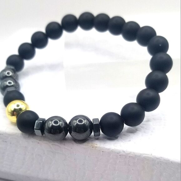 Anti swelling black obsidian stretch stone bracelet. - Picture 1 of 9
